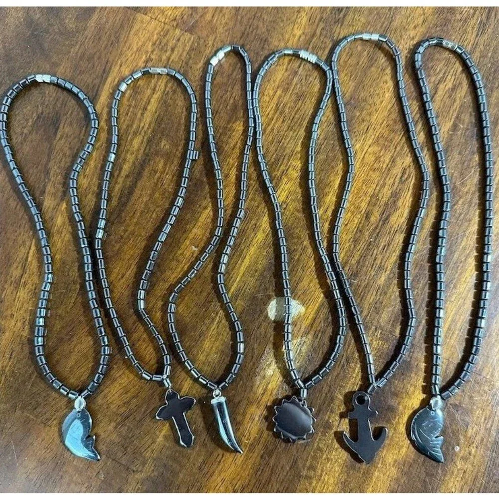 6Pc Hematite Stone Pendant Necklace Lot Fish Cross Anchor Horn Sun Heart